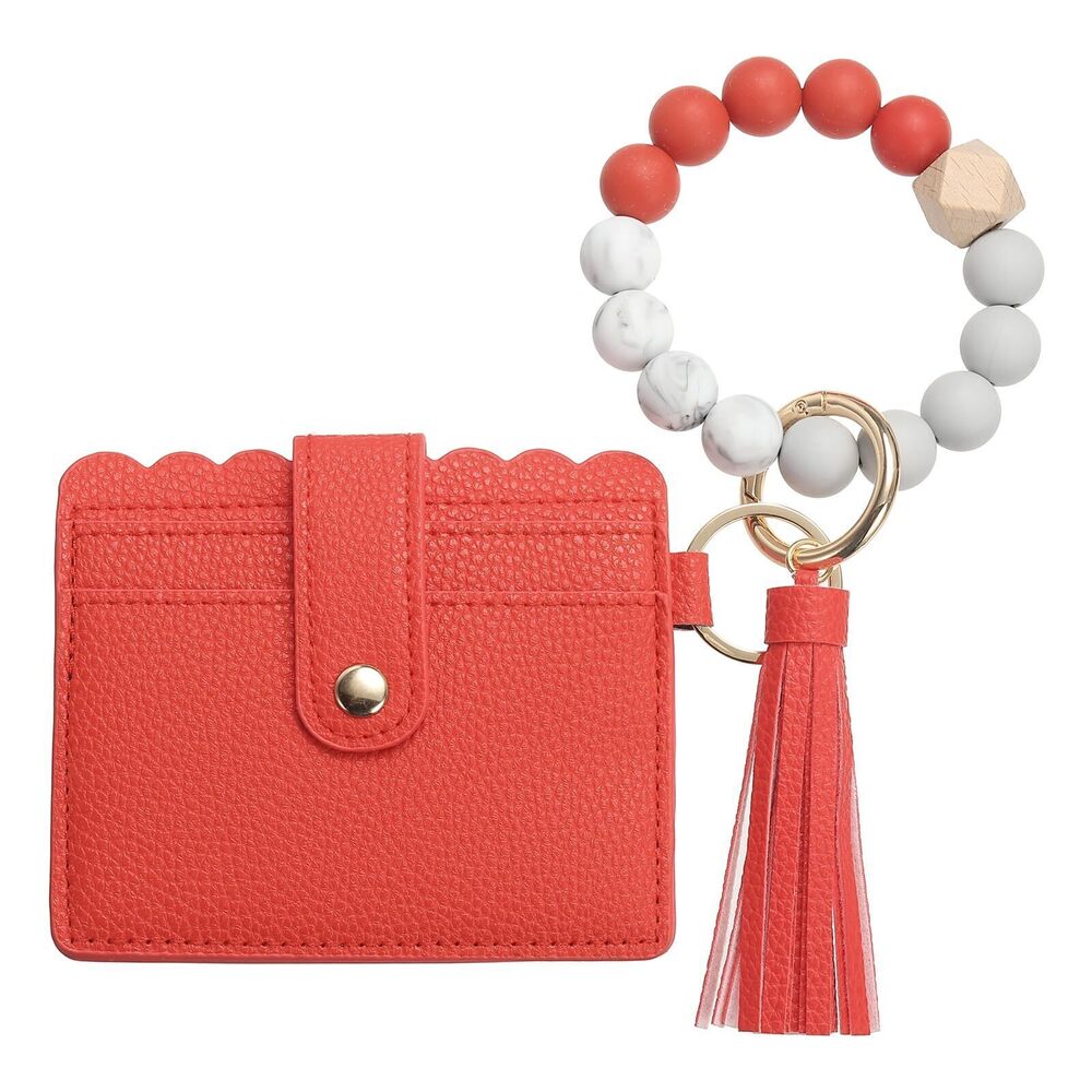 5943 Card Holder Wallet with Silicone Beaded Bracelet, Slim PU Leather